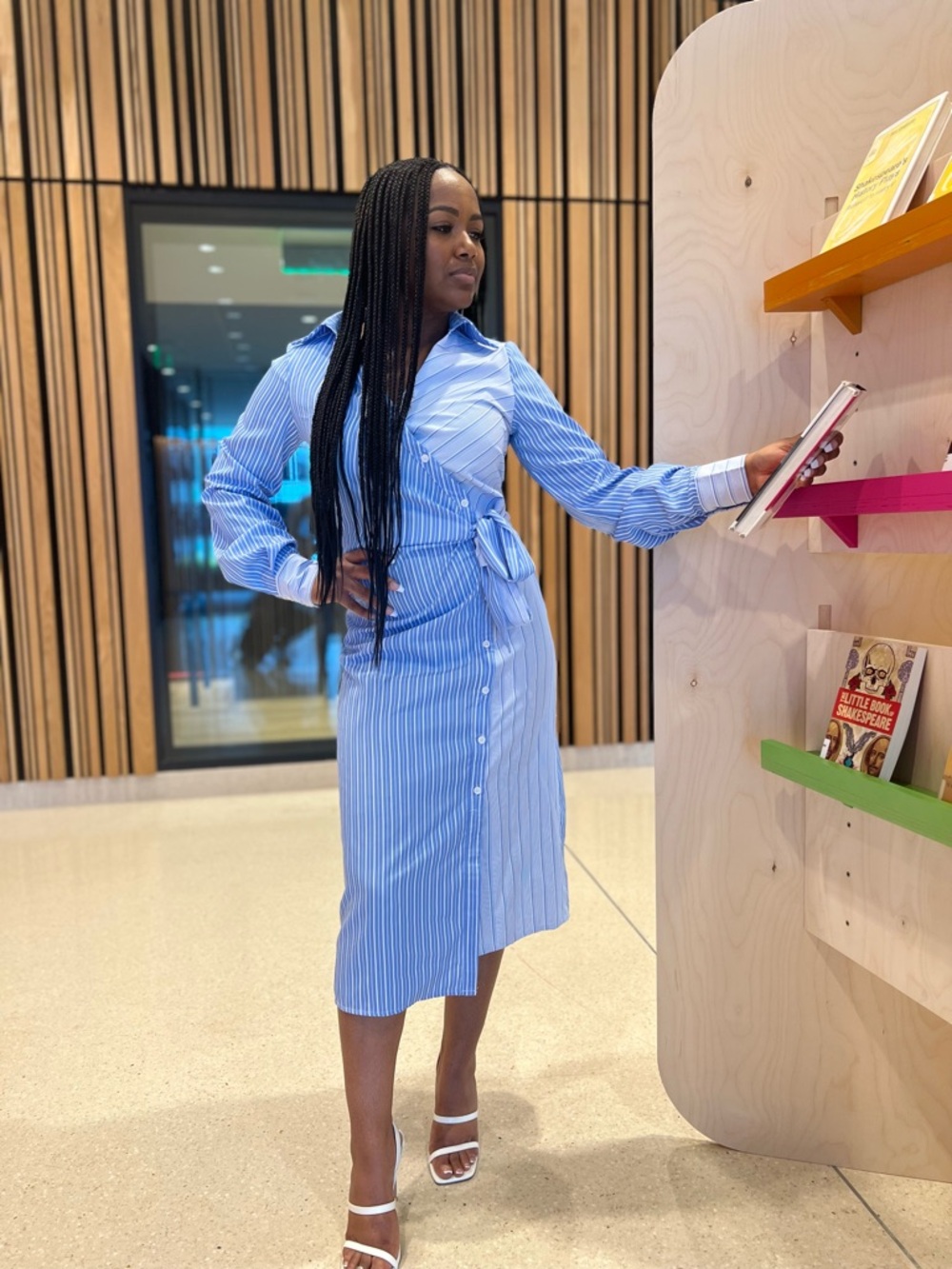 Classic Blue Stripe Shirt Dress with Tie Waist